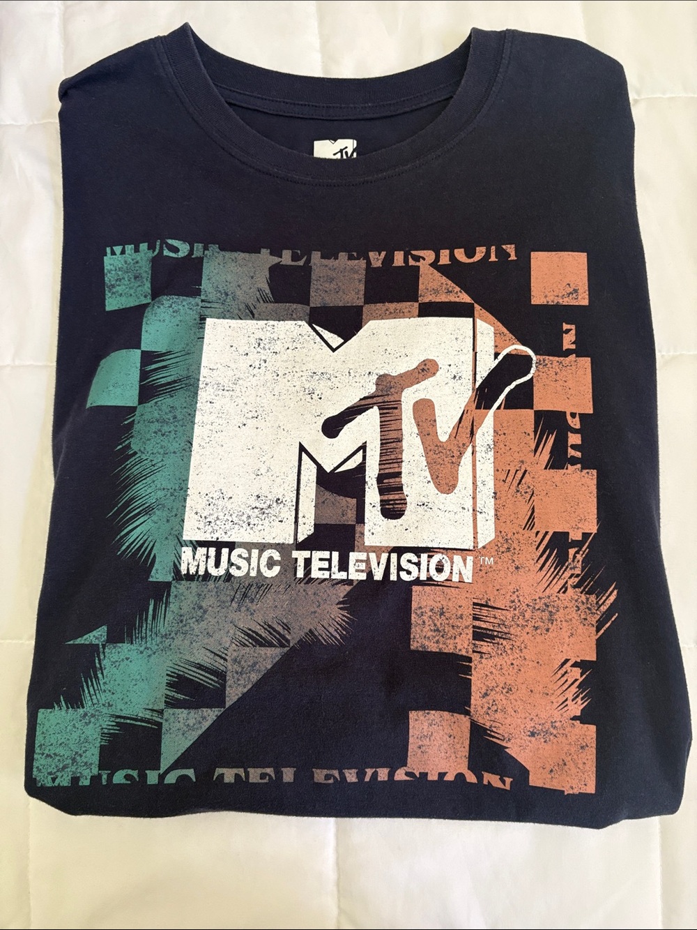 MTV Black Tee with Teal and‎ Orange Graphic Logo M